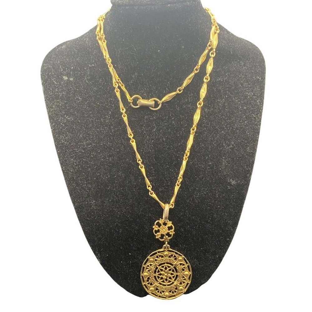 Vintage Gold Tone Filigree Mandala Pendant Necklace 24" Bar Link Chain Intricate